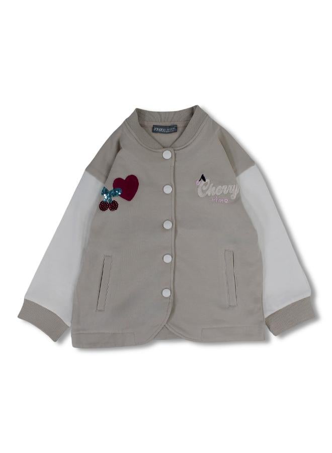 Pompelo Baby Girls Cotton Jacket – Beige with Cherries Embroidery - Image 1