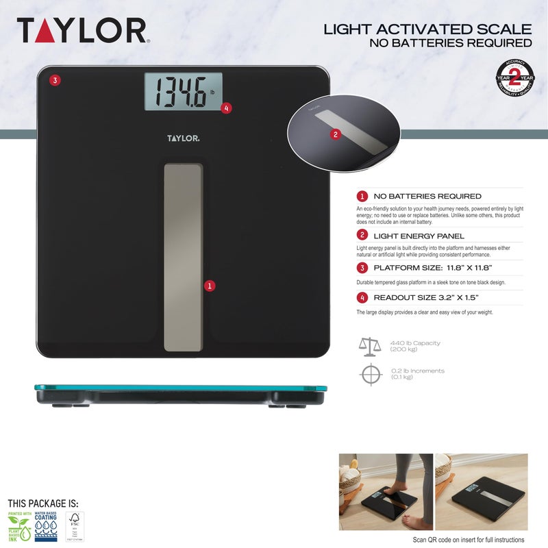 Taylor Light Powered Digital Bath Scale, Large and Durable Platform, Light Powered Panel with Endless Power, No Batteries Needed, Energy-Saving, Easy to Use, High 400 lb Capacity, Black - Image 5