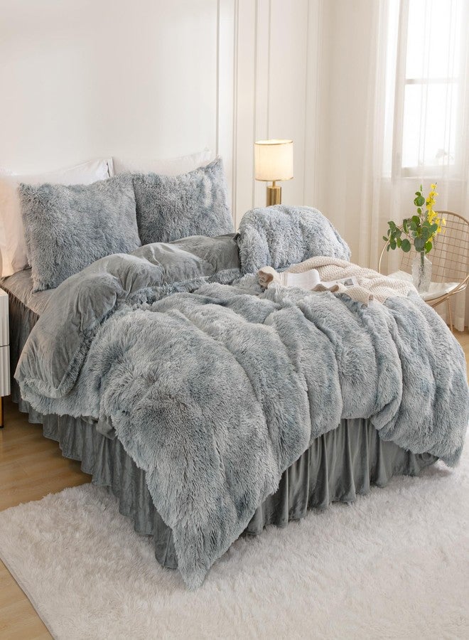 Andency غطاء سرير أندنسي من الفرو الصناعي بتدرجات الرمادي والأبيض للسرير بحجم كوين، مجموعة مكونة من 3 قطع من أغطية السرير الفخمة والناعمة (1 غطاء سرير من المخمل الشاجي و2 غطاء وسادة)، مجموعة أغطية سرير ناعمة ومريحة - Image 2