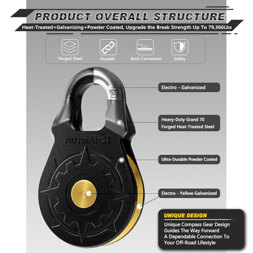 AUTMATCH Winch Snatch Block 18 Ton - Winch Pulley (79,366 Lbs) Break Strength, Heavy Duty Off Road Recovery Towing Pulley Blocks for Synthetic Rope or Steel Cable, Truck, UTV, ATV, Frosted Black - Image 4