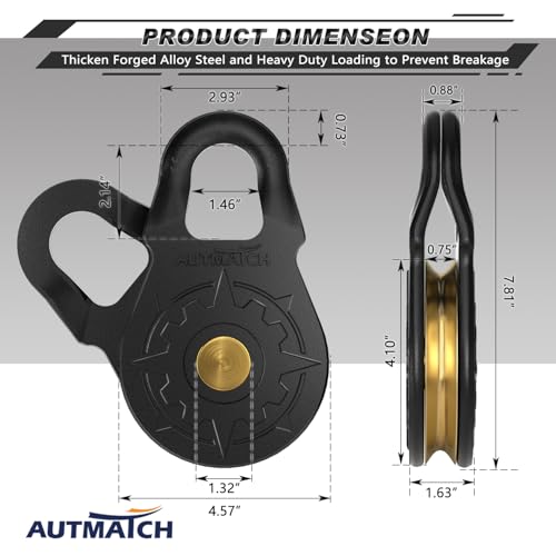 AUTMATCH Winch Snatch Block 18 Ton - Winch Pulley (79,366 Lbs) Break Strength, Heavy Duty Off Road Recovery Towing Pulley Blocks for Synthetic Rope or Steel Cable, Truck, UTV, ATV, Frosted Black - Image 3
