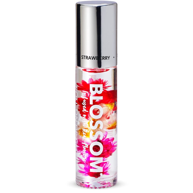 Blossom Roll on Lip Gloss Scented Clear High Shine Moisturizing Lip Oil Non Sticky Infused with Real Flowers Made in USA 02oz Strawberry