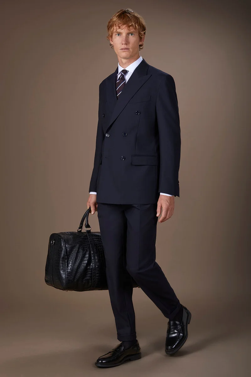 Doppelganger Men's regular fit double-breasted suit featuring a jacket with peak lapels in dobby fabric - DK Blue