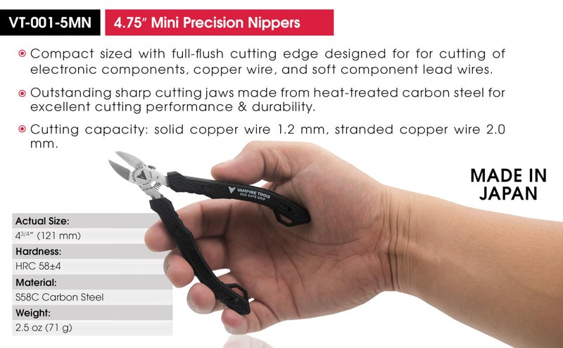 VAMPLIERS 4.75" Precision Flush Cutters. Made in Japan. Professional Grade Side Cutting Pliers Mini Nippers. For Circuit Board Work, Clean Wire Cutting, Electronic Repairs. - Image 5