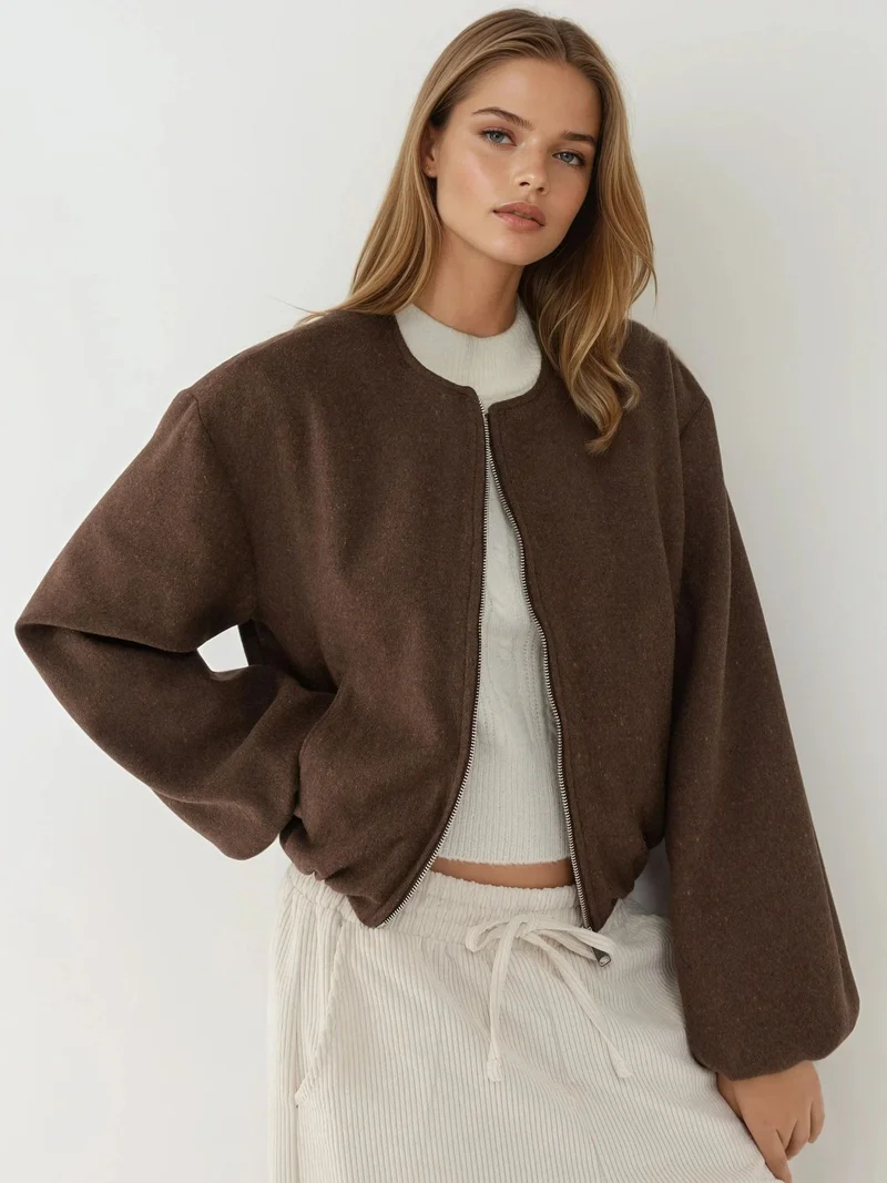 HICCUP Full-Zip Oversized Textured Bomber Jacket