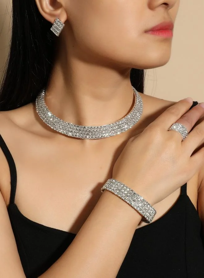 تايك تو طقم من عقد وسوار وخاتم وأقراط مرصع بالراين