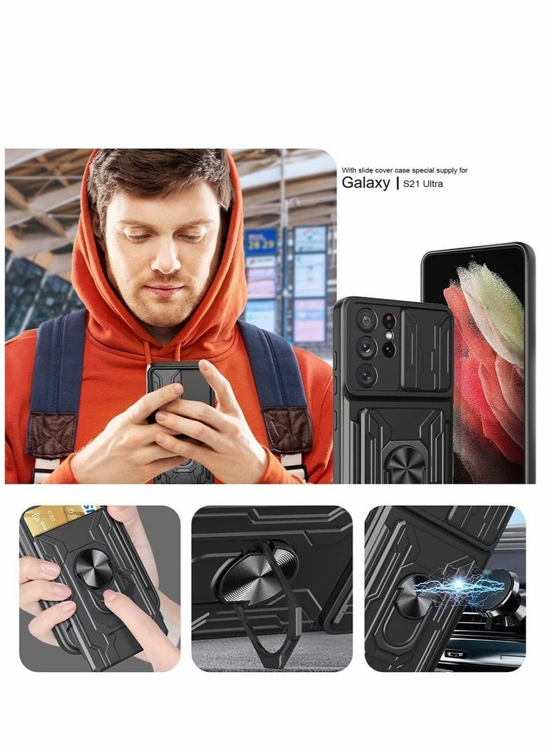 Captaintech Case for Samsung Galaxy S21 Ultra 5G with Removable Kickstand Card Holder Slide Camera Cover Ring Stand Magnetic Hybrid Armor Hard Luxury Black - Image 5