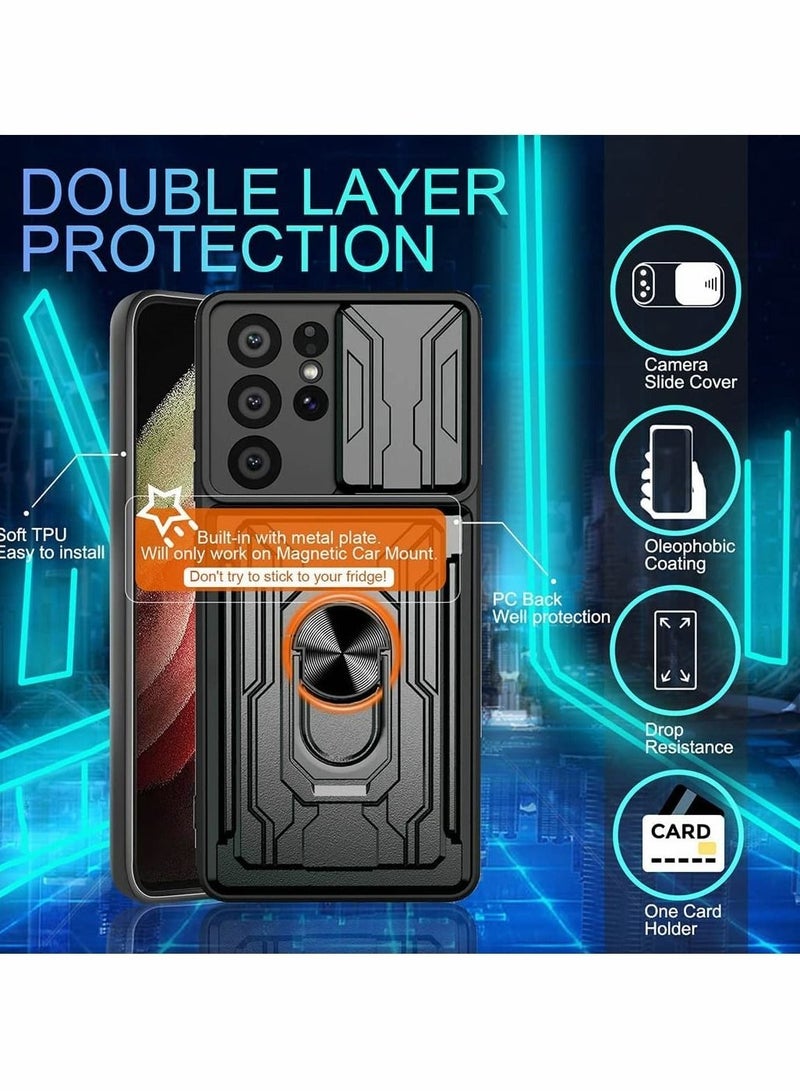 Captaintech Case for Samsung Galaxy S21 Ultra 5G with Removable Kickstand Card Holder Slide Camera Cover Ring Stand Magnetic Hybrid Armor Hard Luxury Black - Image 3