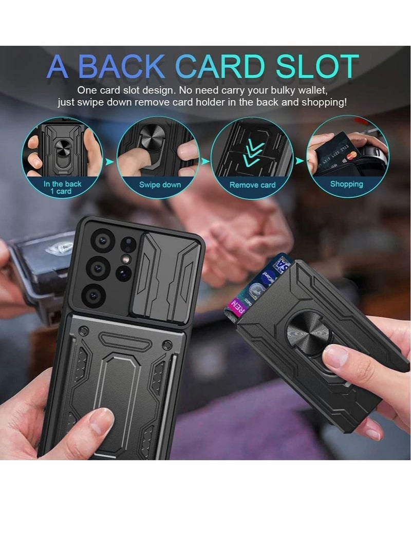 Captaintech Case for Samsung Galaxy S21 Ultra 5G with Removable Kickstand Card Holder Slide Camera Cover Ring Stand Magnetic Hybrid Armor Hard Luxury Black - Image 2