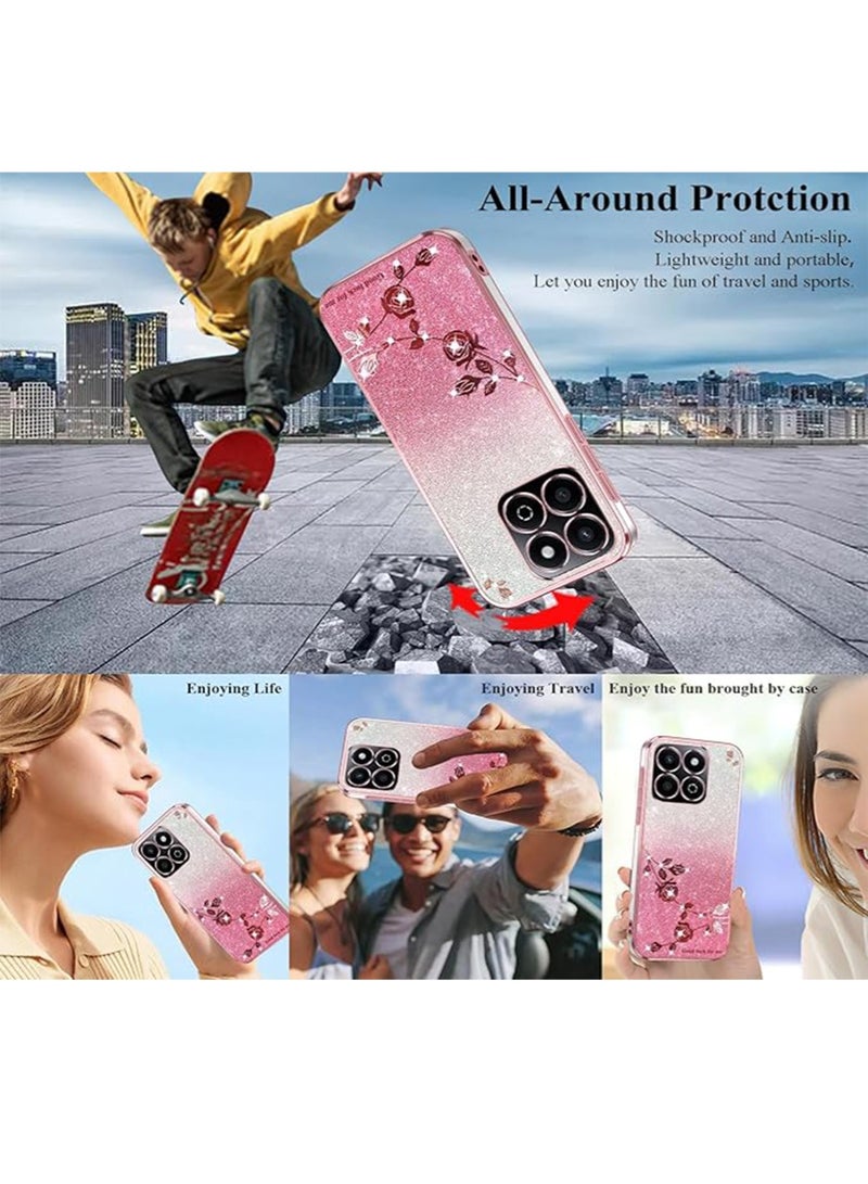 WRISTWISE Case Cover for Honor X5b Plus Clear Glitter Floral, Cute Slim for Honor X5b Plus Case Silicone Shockproof Protective Women Girls Cover Sparkle Aesthetic (Pink) - Image 3