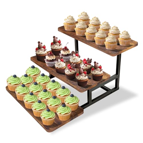 NANXITU 3 Tier Cupcake Stand for 50 CupcakesWood Metal Riser Dessert Table Display StandRustic Stepped Cupcake Ladder Tiered Tray Stand for Party Farmhouse Wedding Birthday Graduation - Image 1