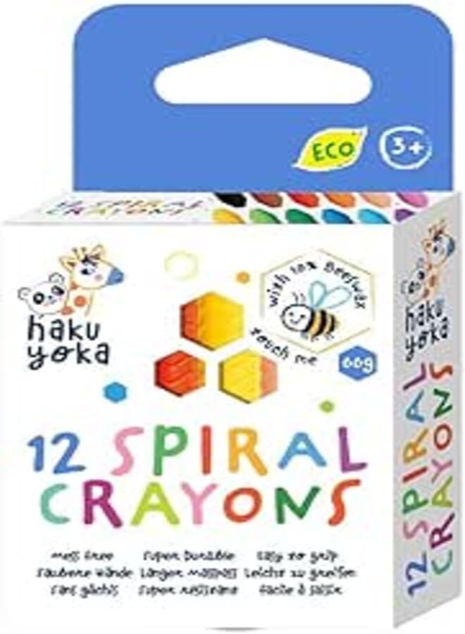 Avenir Haku Yoka Spiral Crayons,12 Colours, Mess Free, Super Durable and Easy to Grip Crayons for Ages 2 years+, Natural Beeswax & Organic Mineral Coloured Crayon