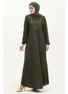 Sefa Merve Button Detailed Necklace Dress 4141-02 Khaki  - Image 2