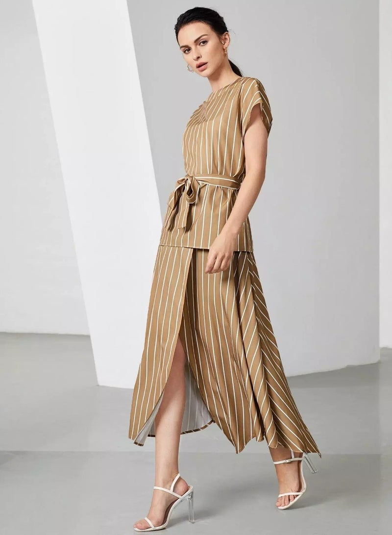 Striped Self Tie Top & Asymmetrical Skirt  - Image 1