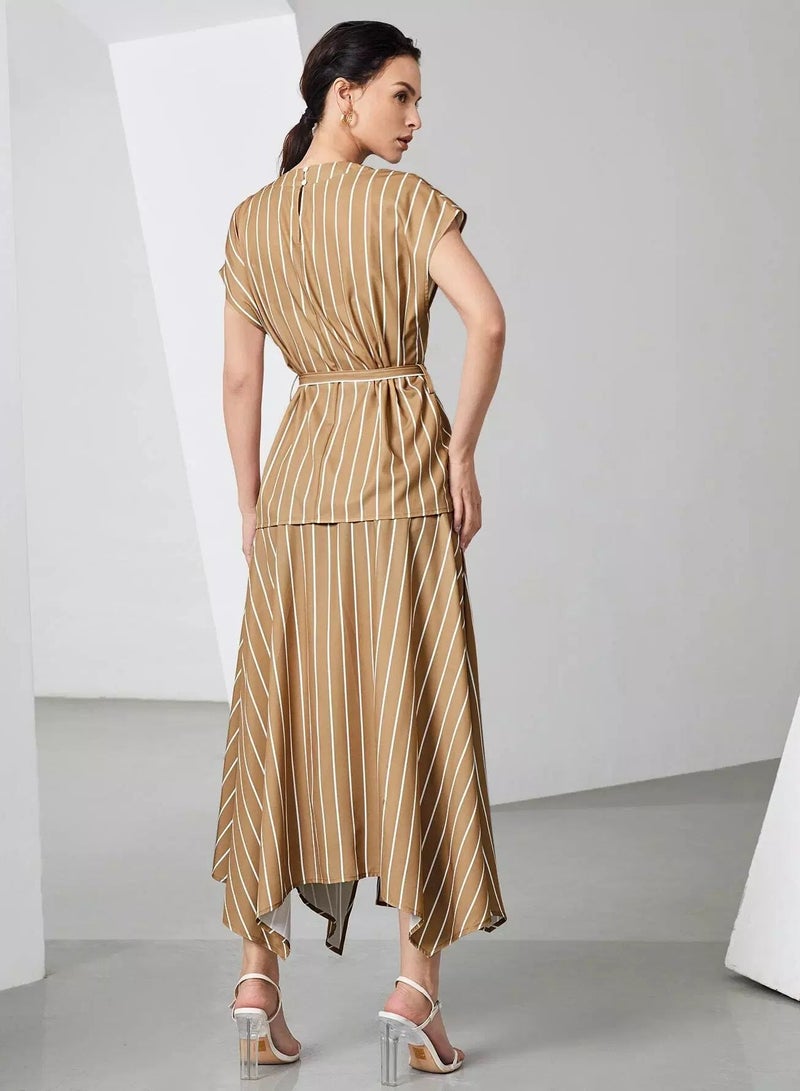 Striped Self Tie Top & Asymmetrical Skirt  - Image 2
