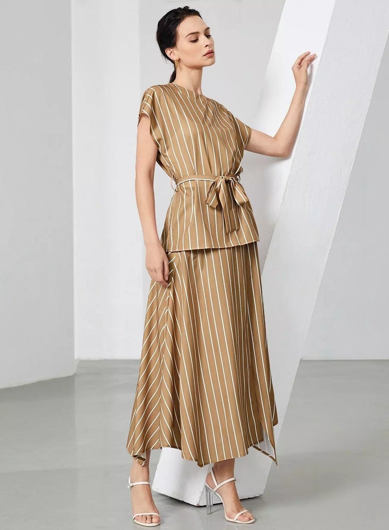 Striped Self Tie Top & Asymmetrical Skirt  - Image 3