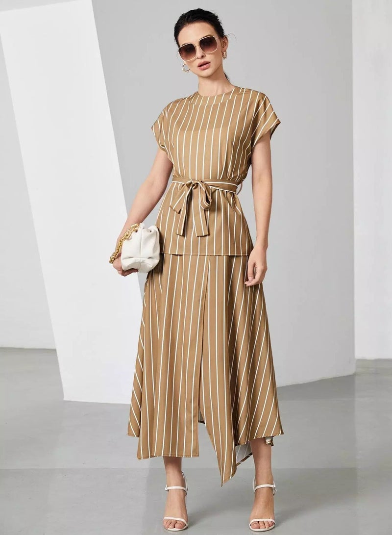 Striped Self Tie Top & Asymmetrical Skirt  - Image 5