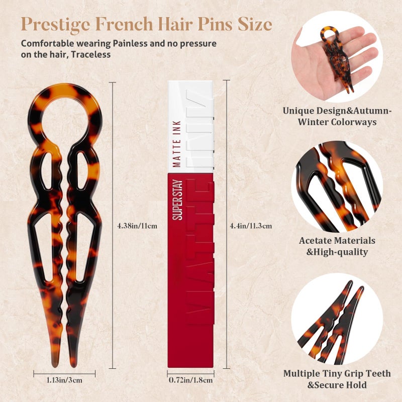 Tiefebene 4PCS Prestige French Hair Pins for Women - Tortoise Shell Hair Pin for Updos Chignons & Buns - Acetate French Twist Pin, Strong Hold Hair Clips All-Day, Elegant Styling for All Hair Types - Image 3