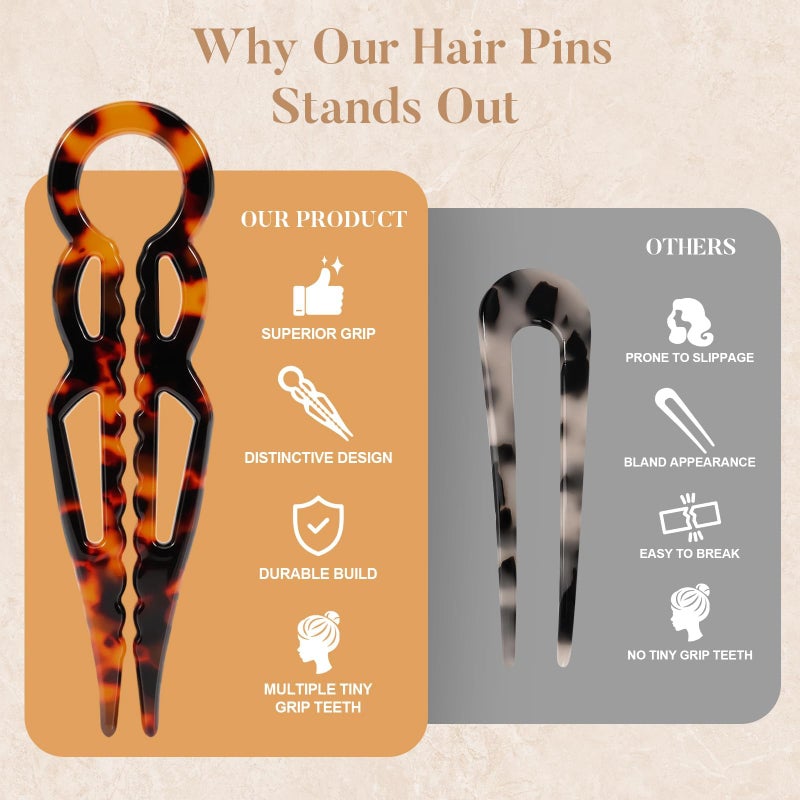 Tiefebene 4PCS Prestige French Hair Pins for Women - Tortoise Shell Hair Pin for Updos Chignons & Buns - Acetate French Twist Pin, Strong Hold Hair Clips All-Day, Elegant Styling for All Hair Types - Image 4