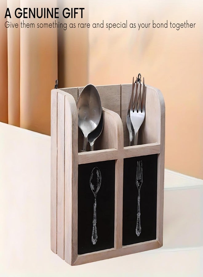 VarEesha 2 Partitions Mango Wood Cutlery Holder | Wall Mountable Organizer For Flatware, Silverware & Kitchen Utensils, Handcrafted Tableware Storage Box For Spoons (7.5 X 3 X 9 Inches) - Image 2