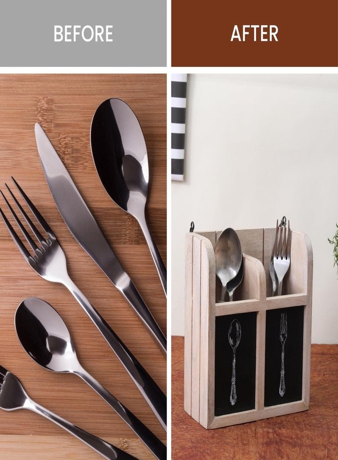 VarEesha 2 Partitions Mango Wood Cutlery Holder | Wall Mountable Organizer For Flatware, Silverware & Kitchen Utensils, Handcrafted Tableware Storage Box For Spoons (7.5 X 3 X 9 Inches) - Image 3