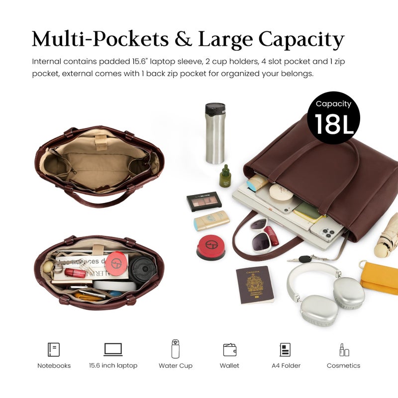 befen Real Leather Work Tote Bag for Women Ladies Totes Shoulder Purse Satchel Handbags with 15.6" Compartment & Water Cup Holder Dark Brown - Image 3
