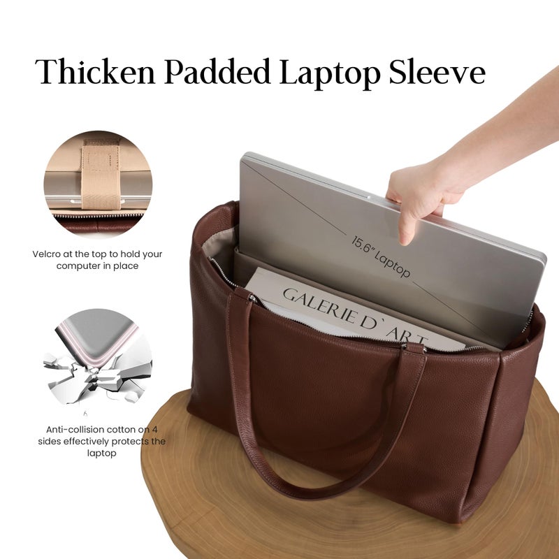 befen Real Leather Work Tote Bag for Women Ladies Totes Shoulder Purse Satchel Handbags with 15.6" Compartment & Water Cup Holder Dark Brown - Image 4