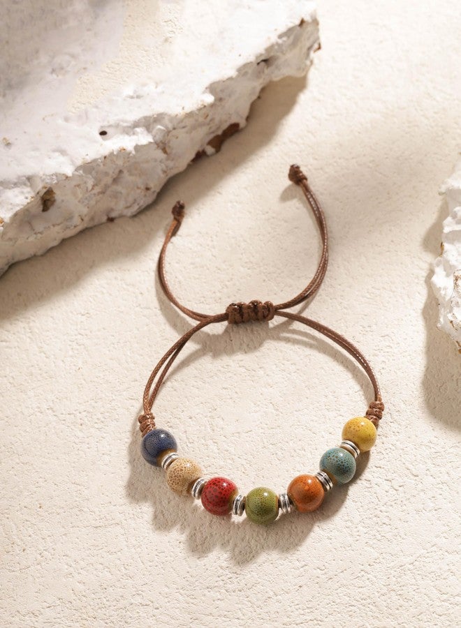 MINACHI Bohemian Colorful Ceramic Bead Adjustable Faux Leather Bracelet, Boho Hippie Summer Jewelry Gift for Women (MD0024) - Image 3