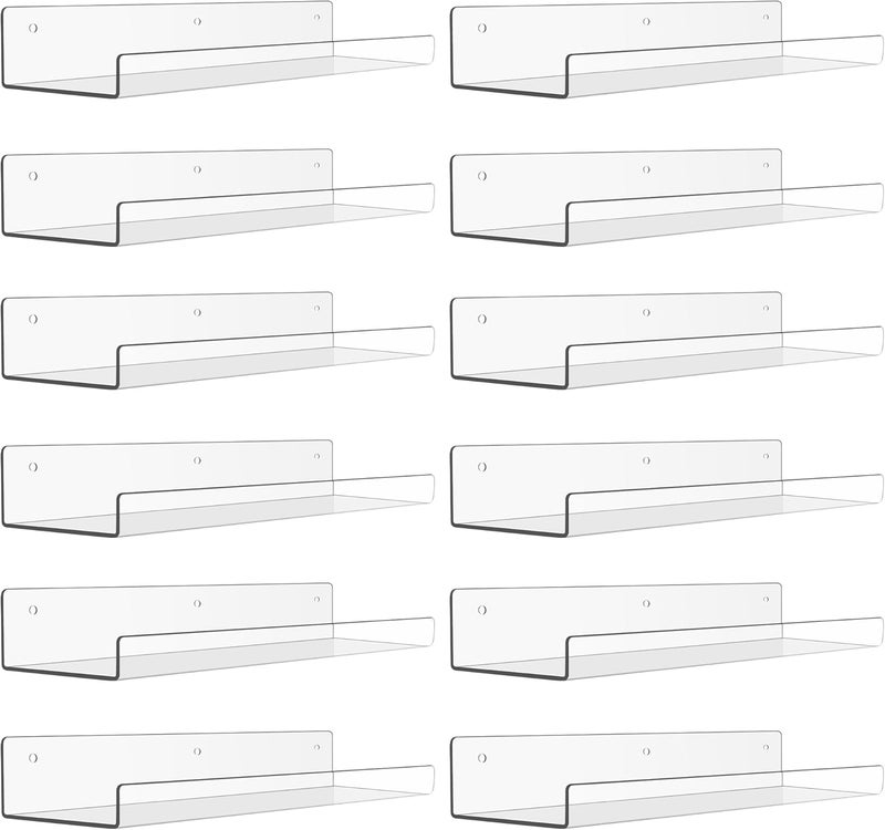 upsimples 12 Pack Acrylic Shelves Wall Organizer and Storage, 15" Display Shelf for Figure, Toy Cars, Perfume, Kids Bookshelf for Bedroom, Nursery, Craft Room, Clear - Image 1