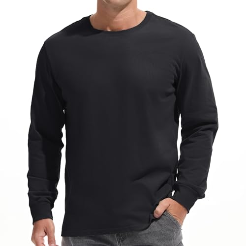 VEIISAR Mens Heavy Weight Crew Neck Long Sleeve T Shirt Mens 100 Cotton Thick Pre Shrunk Shirts Black L - Image 1