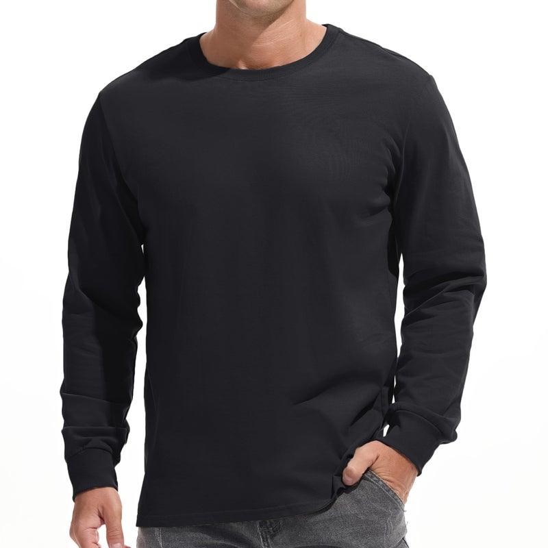 VEIISAR Mens Heavy Weight Crew Neck Long Sleeve T Shirt Mens 100 Cotton Thick Pre Shrunk Shirts Black L - Image 2