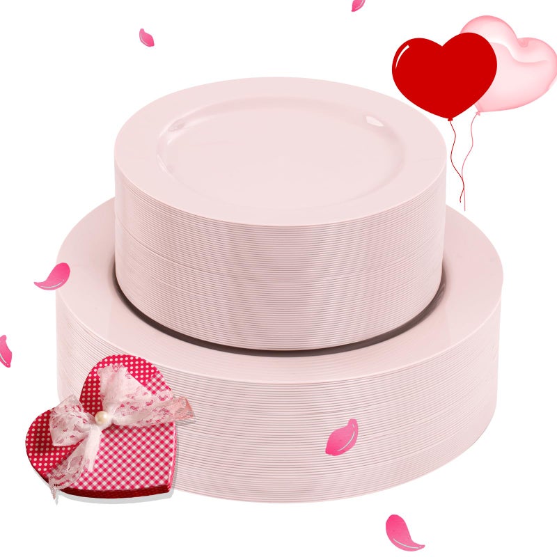 FLOWERCAT 100PCS Pink Plastic Plates - Heavy Duty Pink Plates Disposable for PartyEaster/Wedding/Valentine's Day - Include 50PCS 10.25inch Pink Dinner Plates - 50PCS 7.5inch Pink Dessert/Salad Plates - Image 1