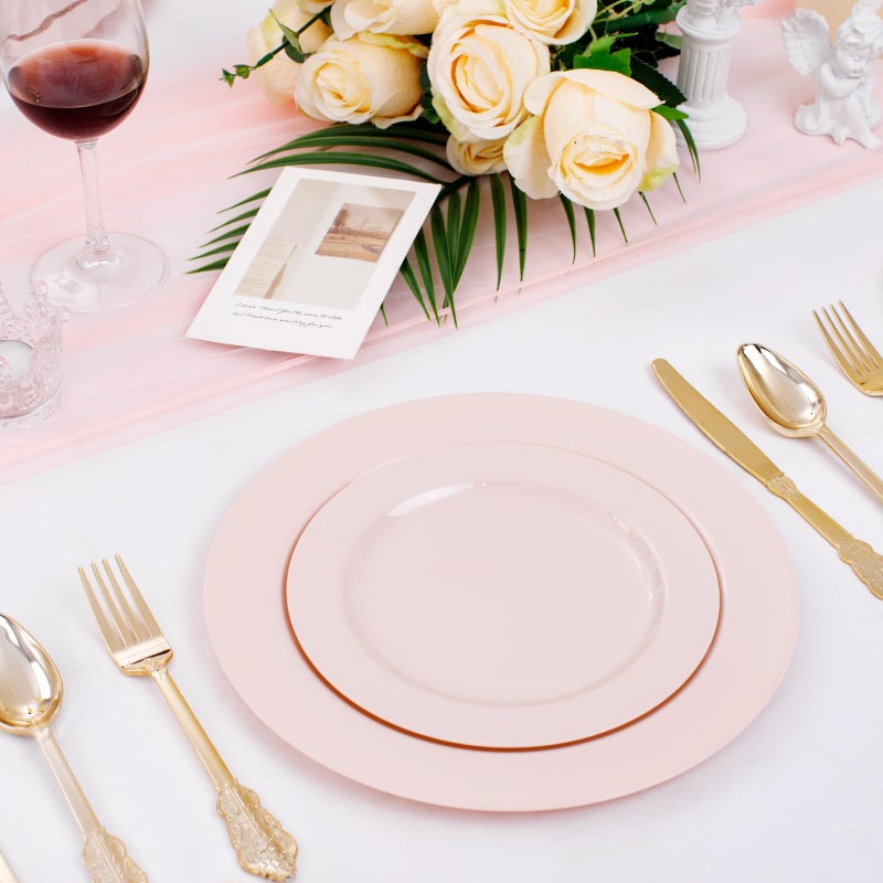 FLOWERCAT 100PCS Pink Plastic Plates - Heavy Duty Pink Plates Disposable for PartyEaster/Wedding/Valentine's Day - Include 50PCS 10.25inch Pink Dinner Plates - 50PCS 7.5inch Pink Dessert/Salad Plates - Image 5