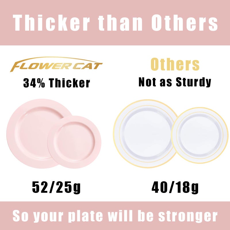 FLOWERCAT 100PCS Pink Plastic Plates - Heavy Duty Pink Plates Disposable for PartyEaster/Wedding/Valentine's Day - Include 50PCS 10.25inch Pink Dinner Plates - 50PCS 7.5inch Pink Dessert/Salad Plates - Image 2