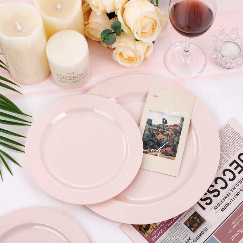 FLOWERCAT 100PCS Pink Plastic Plates - Heavy Duty Pink Plates Disposable for PartyEaster/Wedding/Valentine's Day - Include 50PCS 10.25inch Pink Dinner Plates - 50PCS 7.5inch Pink Dessert/Salad Plates - Image 4