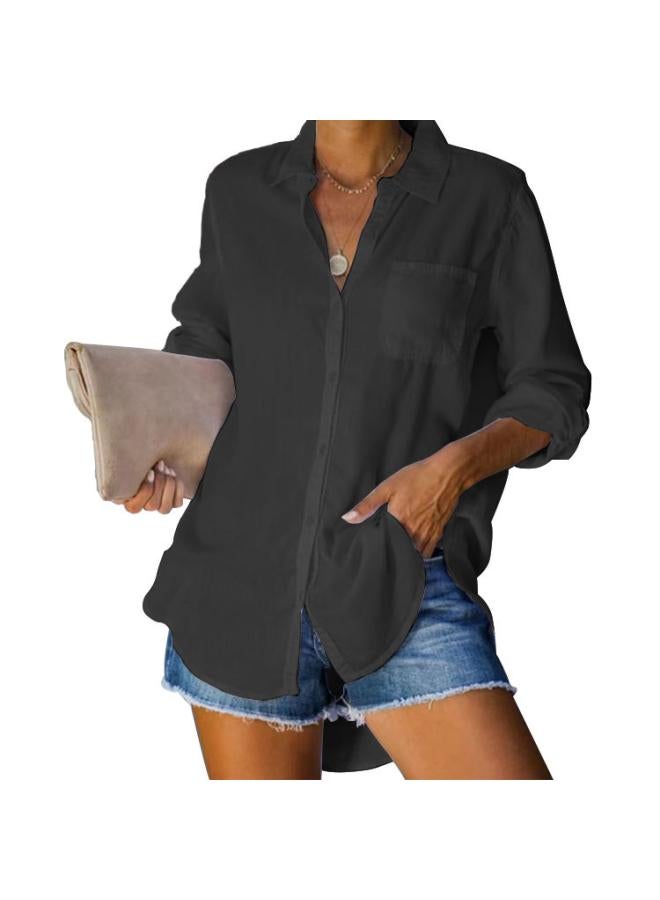 New European And American Women's Shirt Solid Color Large Size Casual Loose Buckle Shirt Women's Clothing 