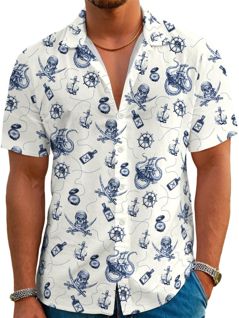 DFZ Men's Kraken Theme Button Down Blue Ship Anchor Hawaiian Shirt Nautical Outfits for Men Cruise Pirate Night - Image 1
