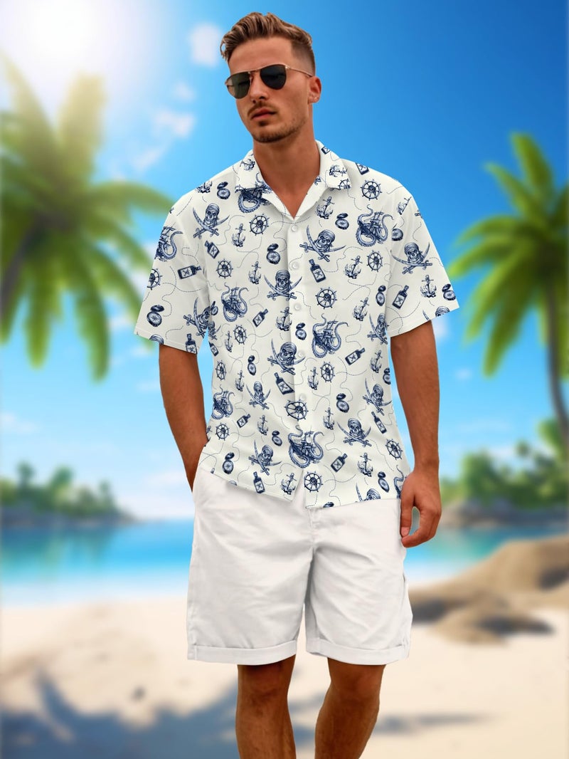 DFZ Men's Kraken Theme Button Down Blue Ship Anchor Hawaiian Shirt Nautical Outfits for Men Cruise Pirate Night - Image 2