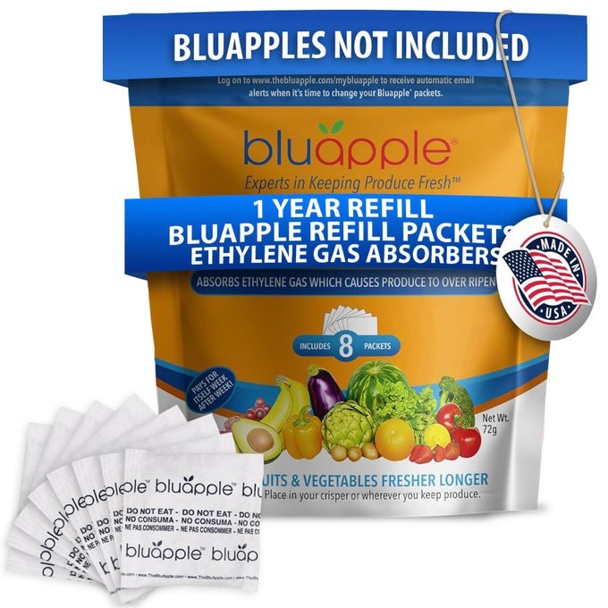 PRODUCE SAVER ETHYLENE GAS ABSORBER FRESH FRUIT VEGETABLE STORAGE FOOD SAVERS FOR REFRIGERATOR 8 PACKETS 9G EACH EACH PACKET LASTS 3 MONTHS KITCHEN MUST HAVES USA MADE REFILL KIT