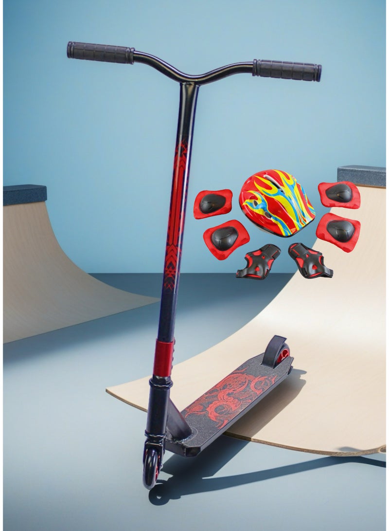 إيزي فيتشور سكوتر EASY FUTURE Pro Stunt للحركات البهلوانية - سكوتر حر بعجلتين بعجلات من الألومنيوم مقاس 110 مم، وقاعدة شريطية، ومقود عريض على شكل حرف T، وفرامل فولاذية، ودوران خفيف الوزن 360 درجة، مناسب للمبتدئين والمتوسطين، بما في ذلك مجموعة كاملة من معدات الحماية - Image 1