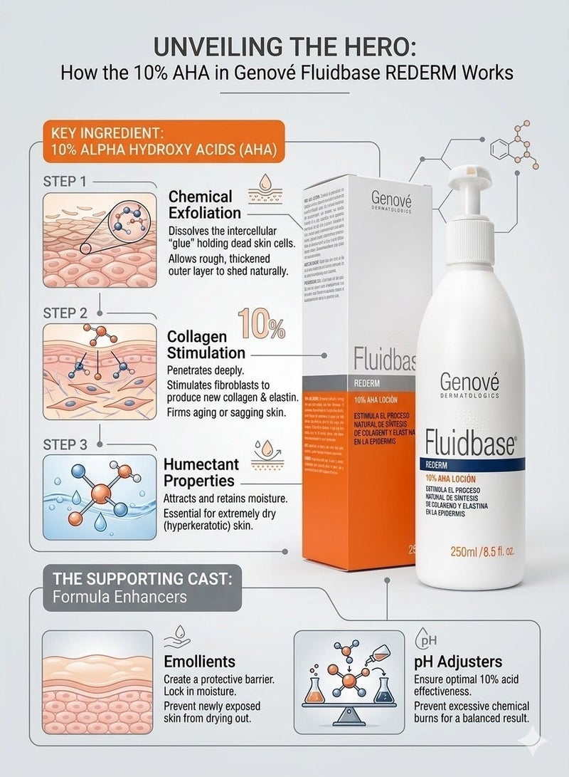 Genove Genové Fluidbase Rederm 10% AHA Lotion (250ml) – Intensive Exfoliating Body Treatment for Dry, Rough & Thickened Skin – With Glycolic Acid for Smoothing Knees & Elbows - Image 2