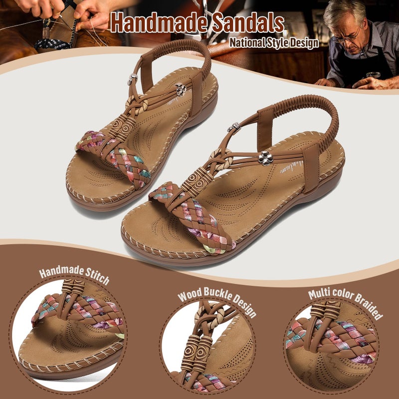 Littleplum Women Sandals Arch Support Handmade Bohemian Braided Flat Sandals Comfort Walking Beach Ankle Elastic Summer Shoes Brown Size 8.5 - Image 3