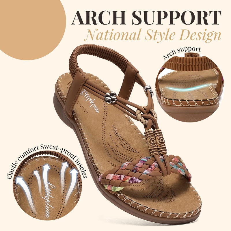 Littleplum Women Sandals Arch Support Handmade Bohemian Braided Flat Sandals Comfort Walking Beach Ankle Elastic Summer Shoes Brown Size 8.5 - Image 4