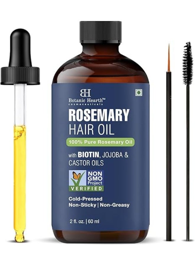 Botanic Hearth 100% Pure Rosemary Oil For Hair (2 Fl Oz) Infused With Biotin, Jojoba & Castor Oil | Hair Strengthening Treatment | Nourishing & Volumizing | Non Gmo Verified