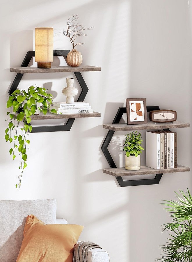 CHOEZON Hexagon Floating Shelves for Wall, Set of 2, 2 -Tier Hanging Shelves, Wall Mounted Storage Shelves, for Living Room, Bedroom, Kitchen, Home Office, Study, Greige TBJ06P2BG - Image 1