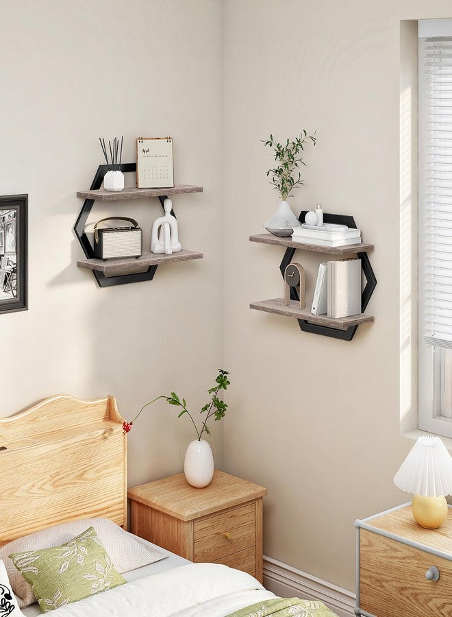 CHOEZON Hexagon Floating Shelves for Wall, Set of 2, 2 -Tier Hanging Shelves, Wall Mounted Storage Shelves, for Living Room, Bedroom, Kitchen, Home Office, Study, Greige TBJ06P2BG - Image 4