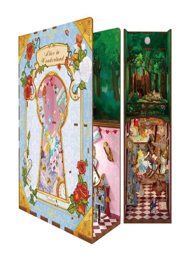 Tonecheer DIY Book Nook Kit for Adults,3D Wooden Puzzle Bookend Bookshelf Insert Library Decor, Booknook Miniature House Kit with Body Motion Sensor LED Light (Alice in Wonderland) - Image 1