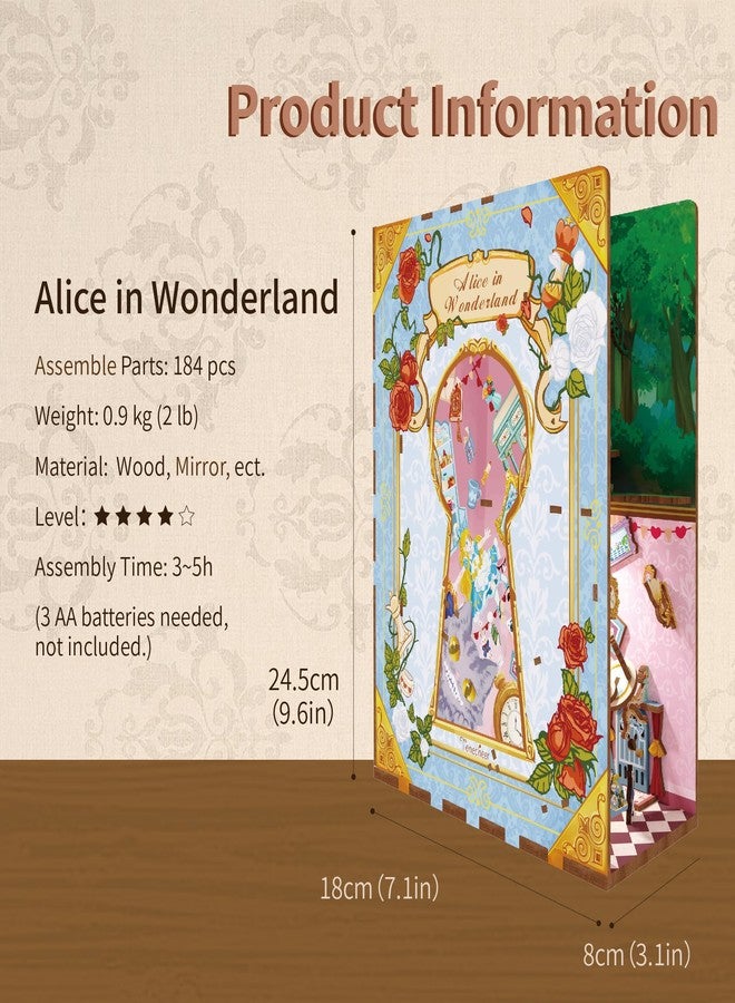 Tonecheer DIY Book Nook Kit for Adults,3D Wooden Puzzle Bookend Bookshelf Insert Library Decor, Booknook Miniature House Kit with Body Motion Sensor LED Light (Alice in Wonderland) - Image 2