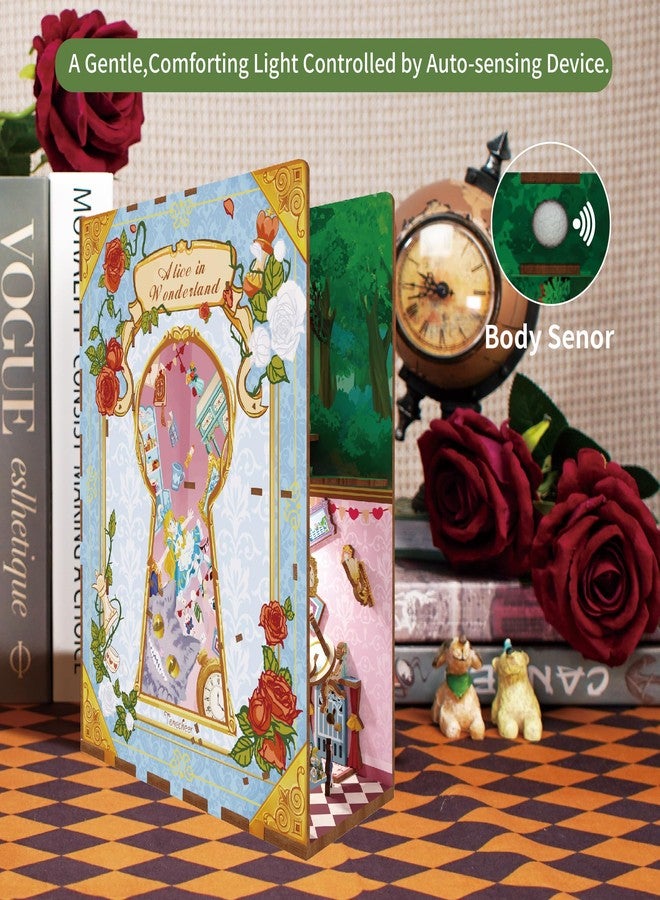 Tonecheer DIY Book Nook Kit for Adults,3D Wooden Puzzle Bookend Bookshelf Insert Library Decor, Booknook Miniature House Kit with Body Motion Sensor LED Light (Alice in Wonderland) - Image 4