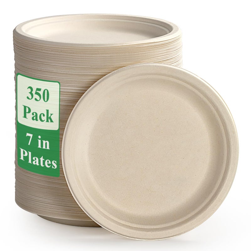 Vplus 350 Pack Paper Plates 7 inch 100 Compostable HeavyDuty Disposable Paper Plates Bagasse Natural Biodegradable EcoFriendly Sugarcane